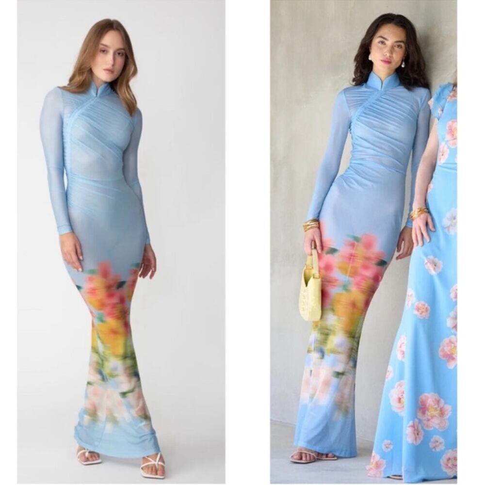 SAU LEE Kendra Mesh Sheer Blurred Floral Long Sleeve Blue Maxi Dress Size 0 - Picture 3 of 15